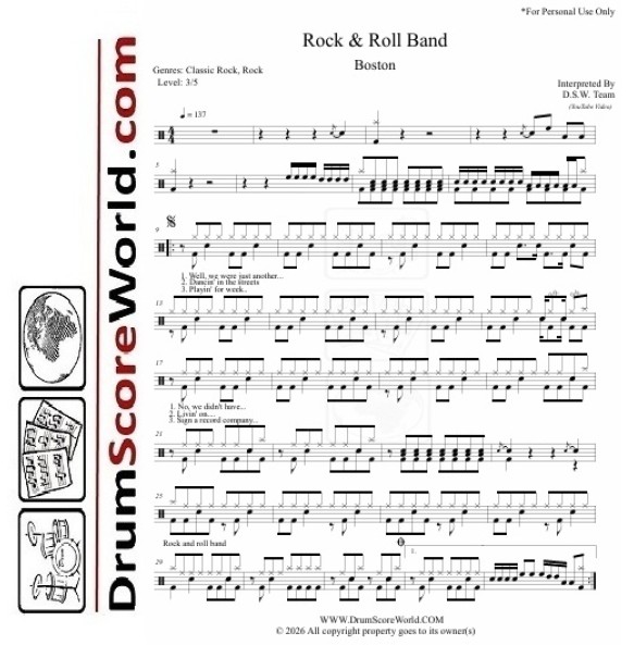 Boston - Rock & Roll Band | Drum Sheet + Play-Along Track